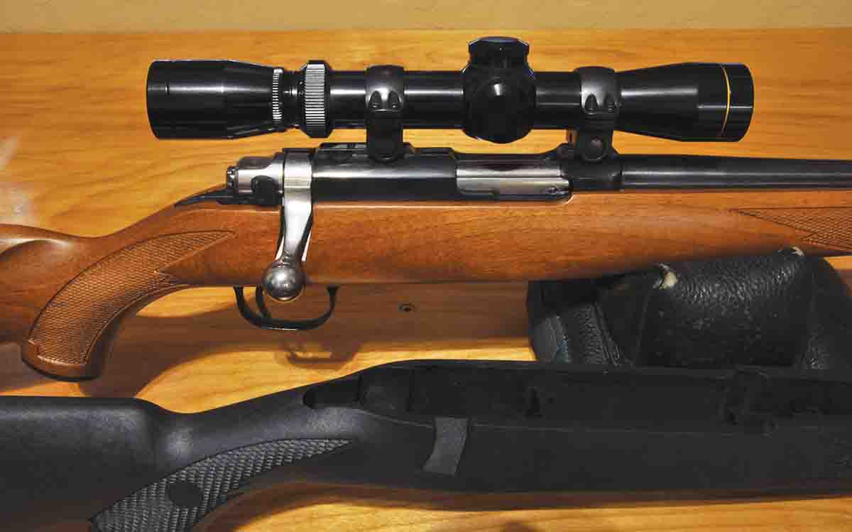 An OEM walnut stock was used to replace the Ruger’s original plastic stock.